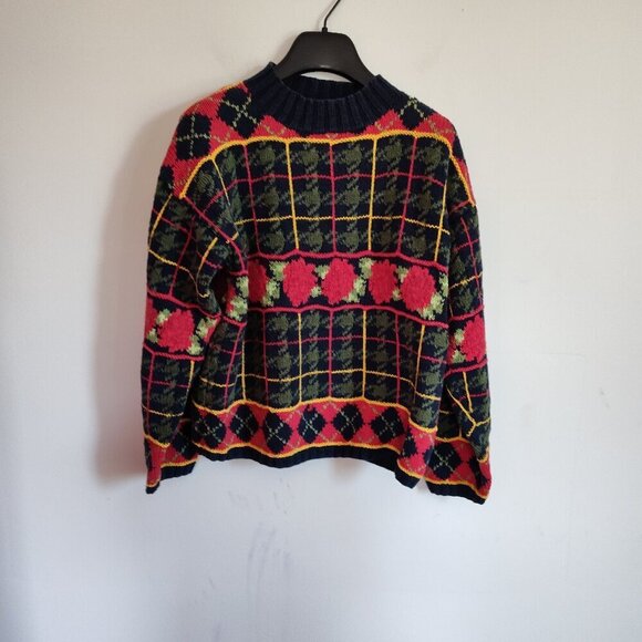 Ladies SZ PP Vintage Adrienne Vittadini Navy/Multi Cropped Mock Nk Sweat… - Picture 1 of 3